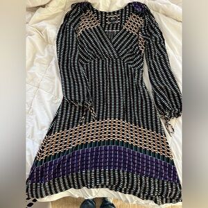 Anthropologie Maeve Elegant Black and Purple Patterned Dress
